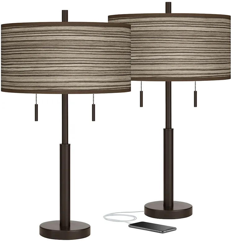 Cedar Zebrawood Robbie Bronze USB Table Lamps Set of 2