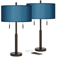 Possini Euro Robbie 25 1/2" Blue Faux Silk USB Table Lamps Set of 2
