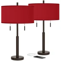 Possini Euro Robbie Bronze and Red Faux Silk USB Table Lamps Set of 2