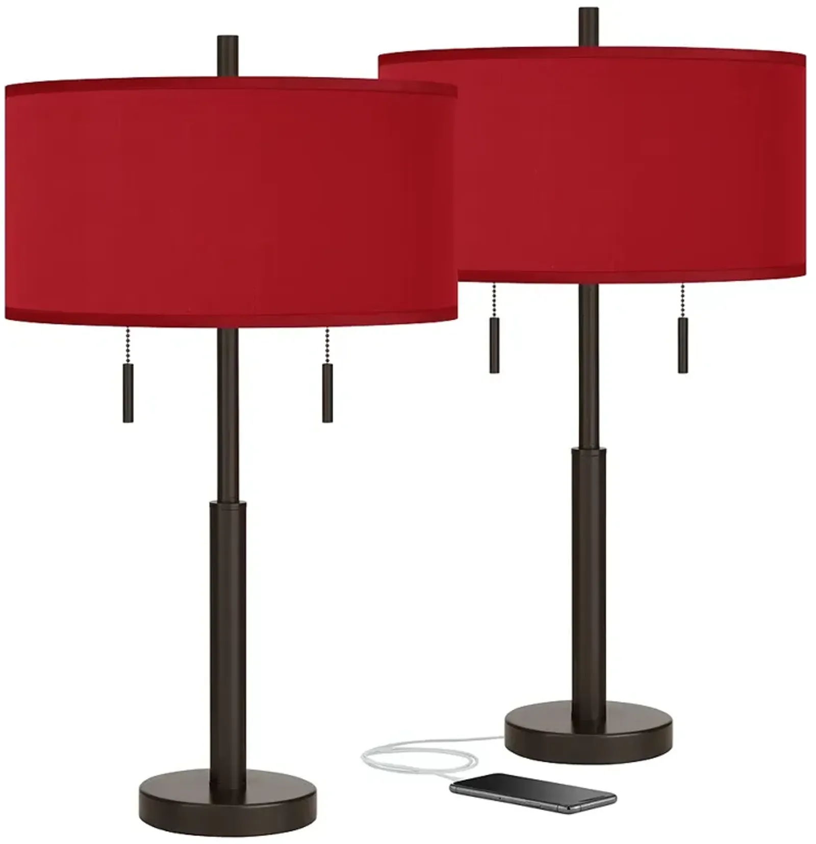 Possini Euro Robbie Bronze and Red Faux Silk USB Table Lamps Set of 2