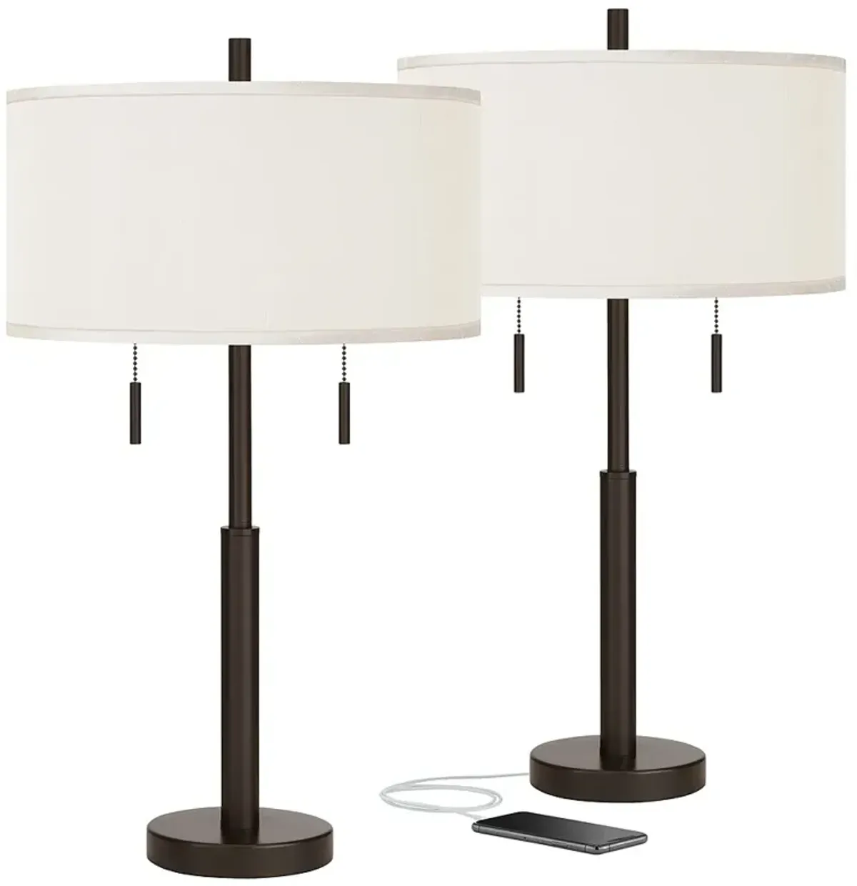 Possini Euro Cream Faux Silk Robbie Bronze USB Table Lamps Set of 2