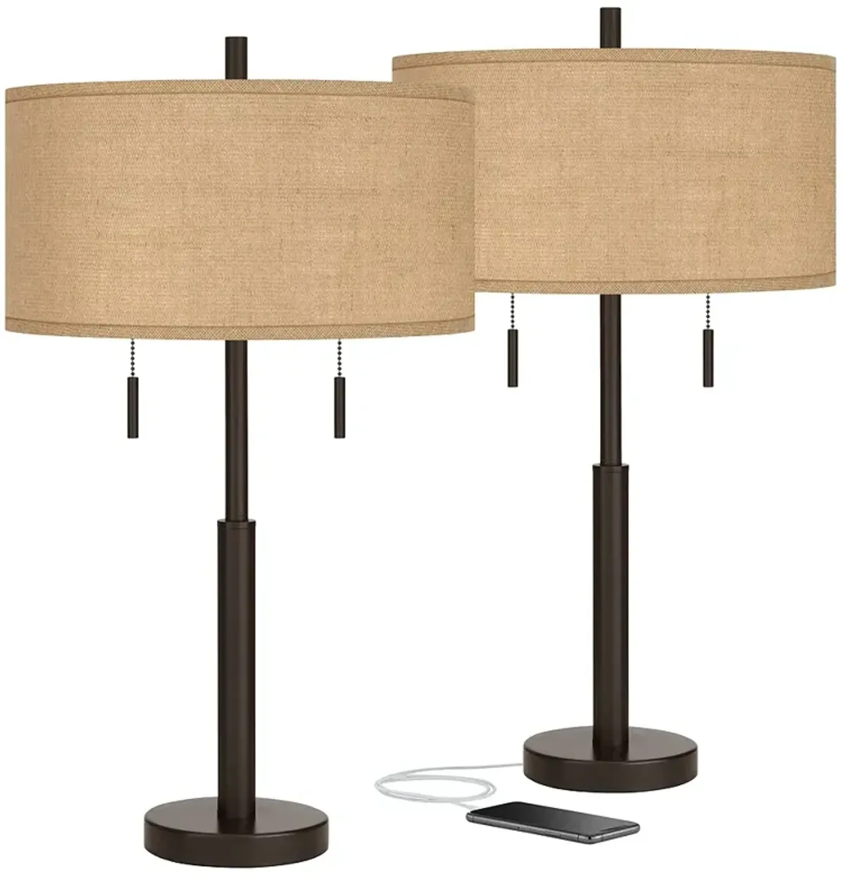 Possini Euro Robbie 25 1/2" Burlap and Bronze USB Table Lamps Set of 2