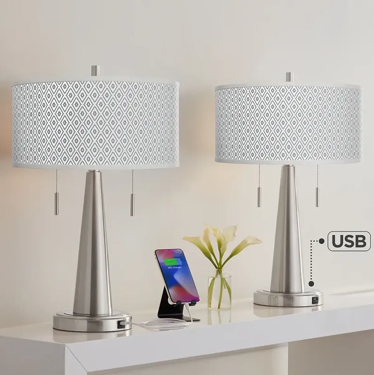 Diamonds Vicki Brushed Nickel USB Table Lamps Set of 2