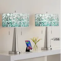 Aqua Mosaic Vicki Brushed Nickel USB Table Lamps Set of 2