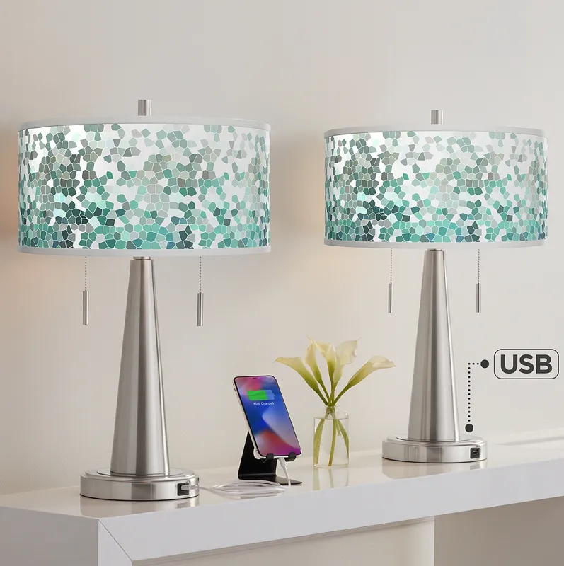 Giclee Glow Vicki 23" Aqua Mosaic and Nickel USB Table Lamps Set of 2