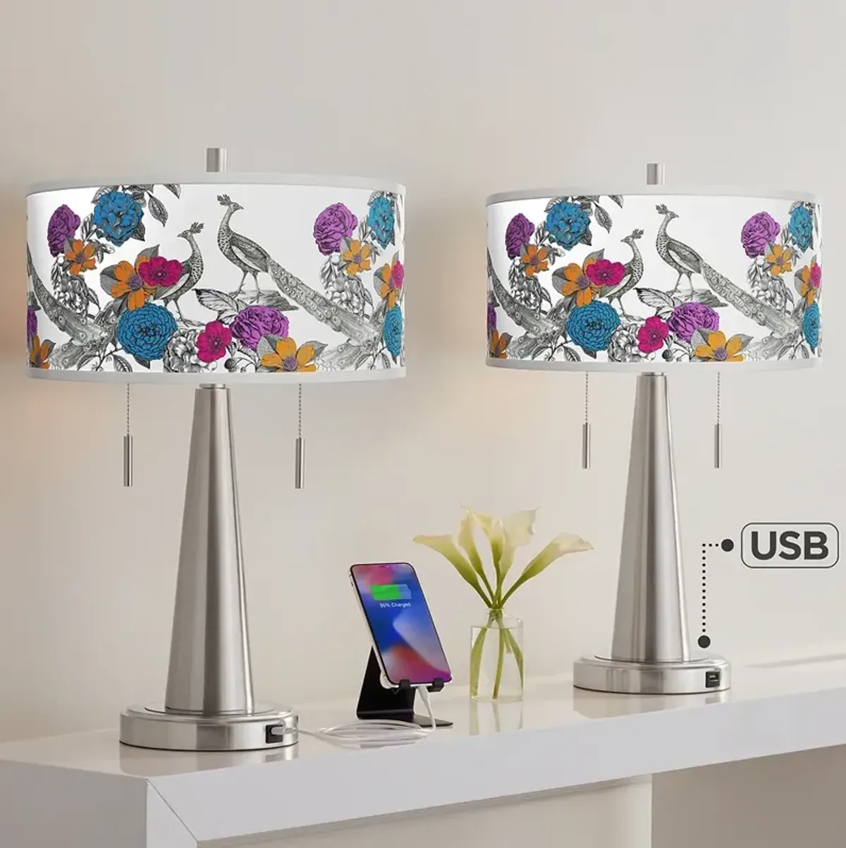 Peacocks in the Garden I Vicki Nickel USB Table Lamps Set of 2