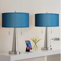Possini Blue Vicki 23" Blue Faux Silk and Nickel USB Lamps Set of 2