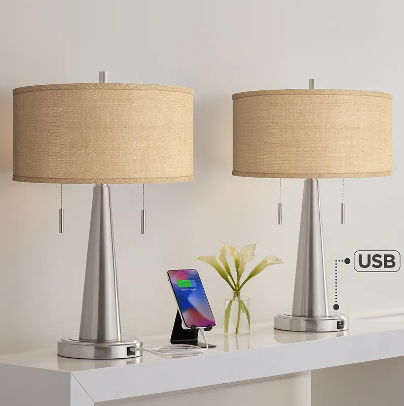 Possini Euro Vicki 23" Burlap and Nickel USB Table Lamps Set of 2