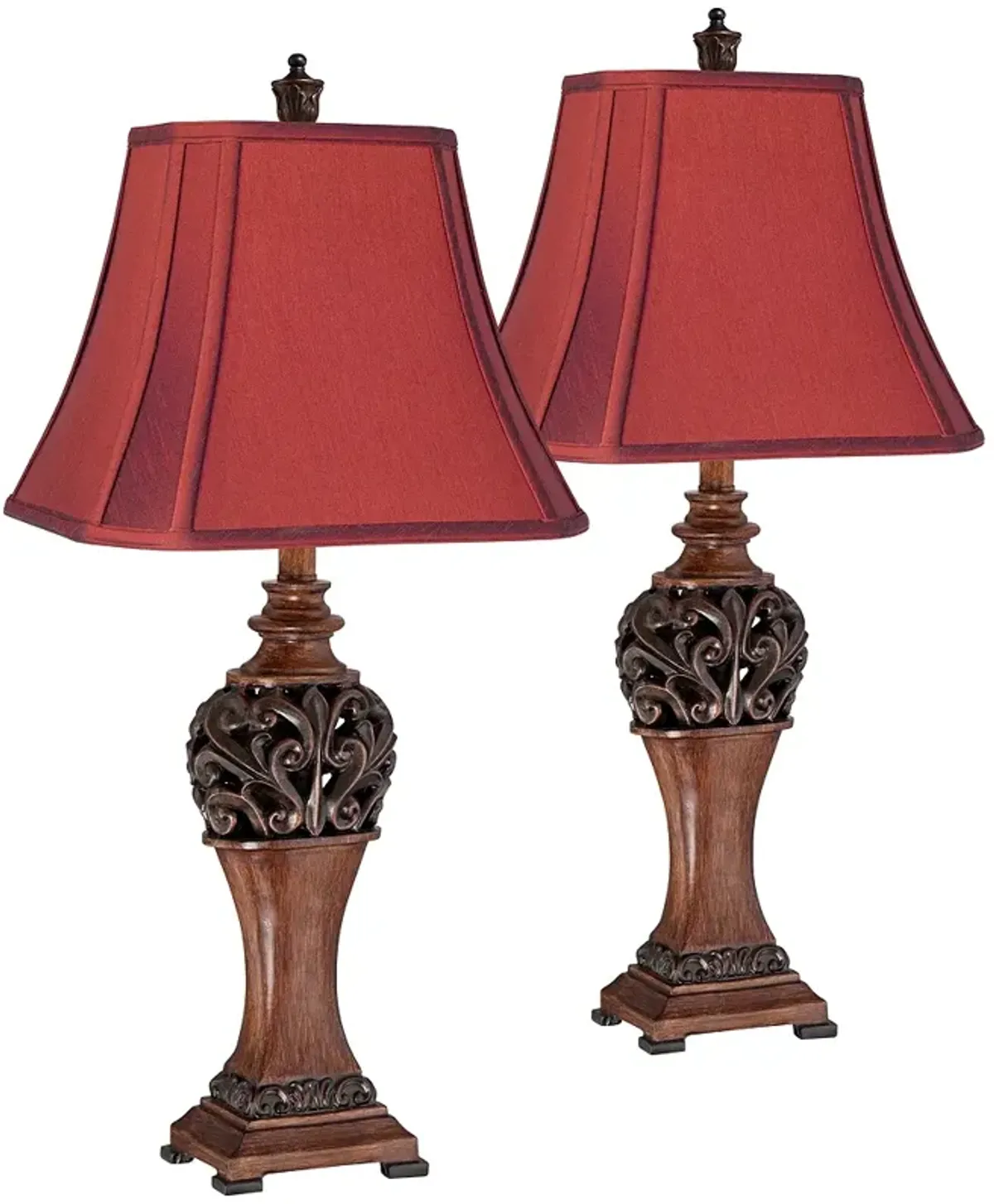 Regency Hill Exeter 30" Wood Finish Red Shade Table Lamps Set of 2