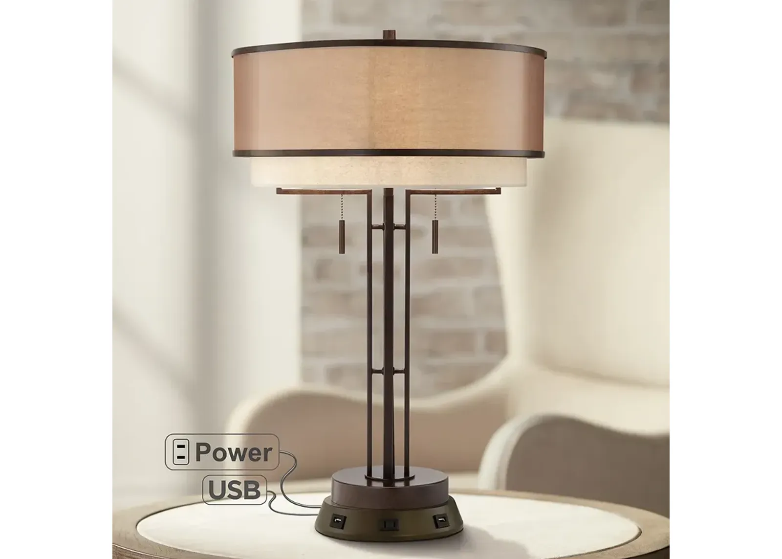 Franklin Iron Works Bronze Table Lamp with USB and Outlet Workstation Base