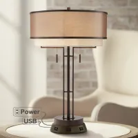 Franklin Iron Works Bronze Table Lamp with USB and Outlet Workstation Base