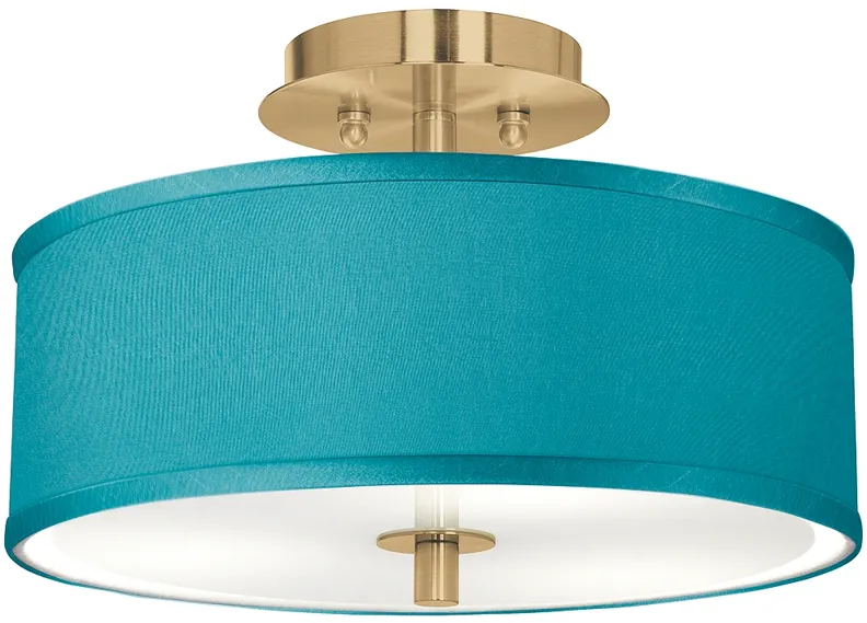 Teal Blue Faux Silk Gold 14" Wide Ceiling Light