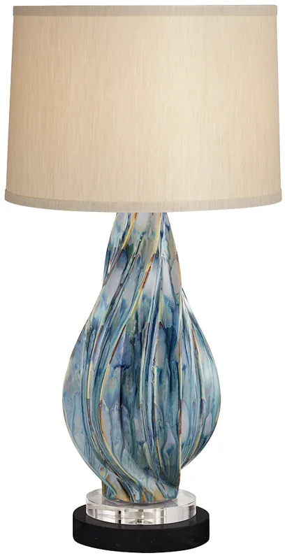 Possi Euro Teresa Teal Ceramic Table Lamp with Round Black Marble Riser