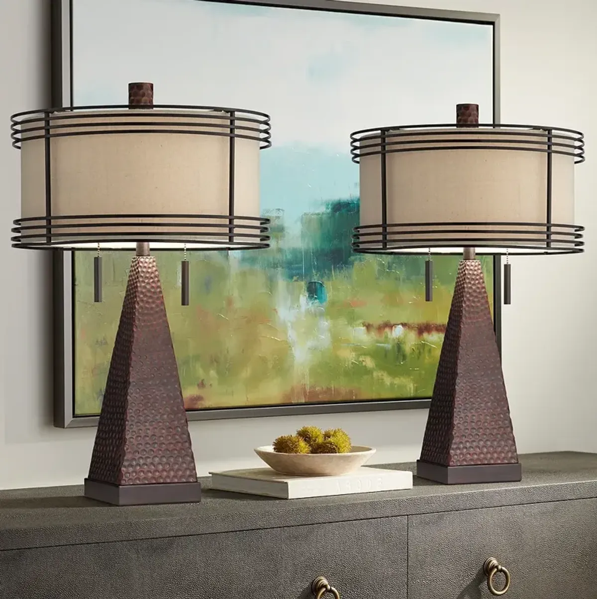 Franklin Iron Works Niklas 26" Bronze Metal USB Table Lamps Set of 2