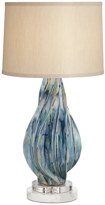 Possini Euro Teresa Teal Ceramic Table Lamp with Round White Marble Riser