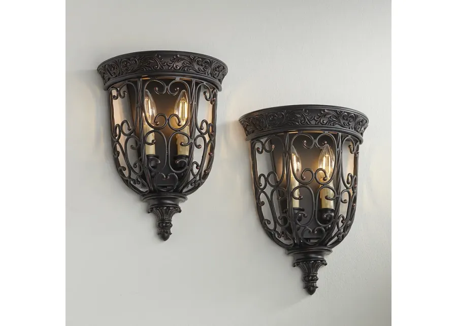 Franklin Iron French Scroll 14 1/4" Rubbed Bronze Wall Sconces Set