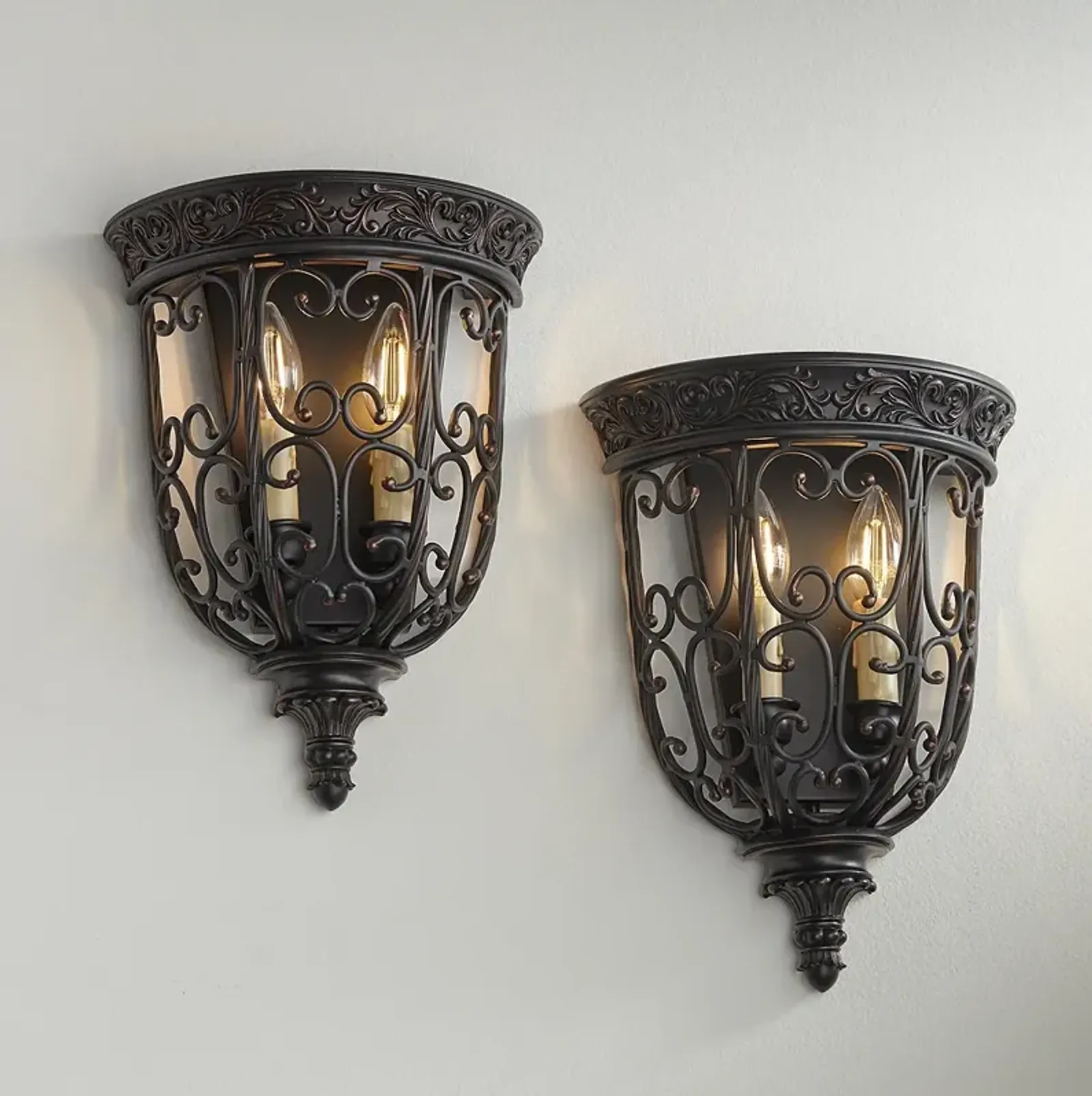 Franklin Iron French Scroll 14 1/4" Rubbed Bronze Wall Sconces Set