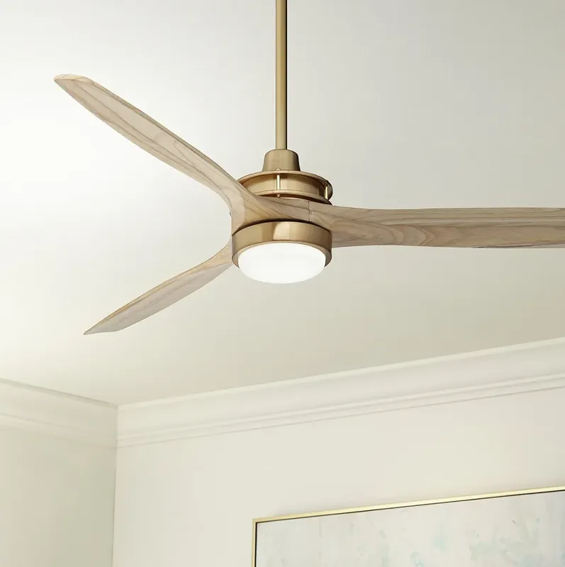 52" Windspun Soft Brass and Natural Wood LED Ceiling Fan with Remote