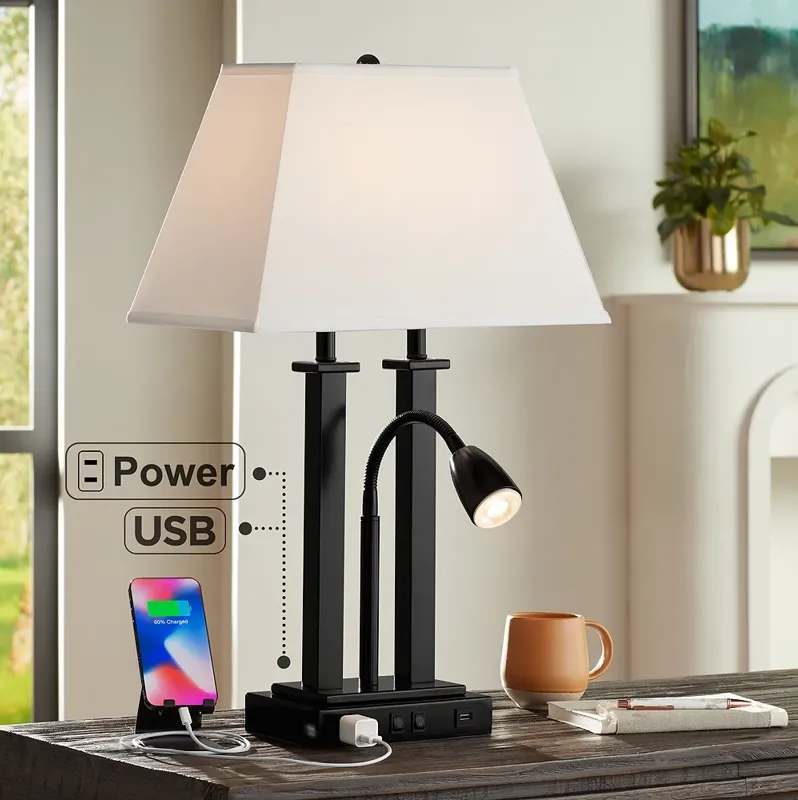 Possini Euro Deacon 26" Black Gooseneck USB Port and Outlet Desk Lamp