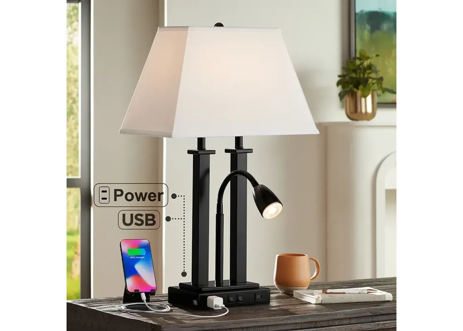 Possini Euro Deacon 26" Black Gooseneck USB Port and Outlet Desk Lamp