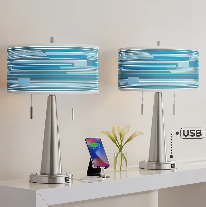 Urban Stripes Vicki Brushed Nickel USB Table Lamps Set of 2