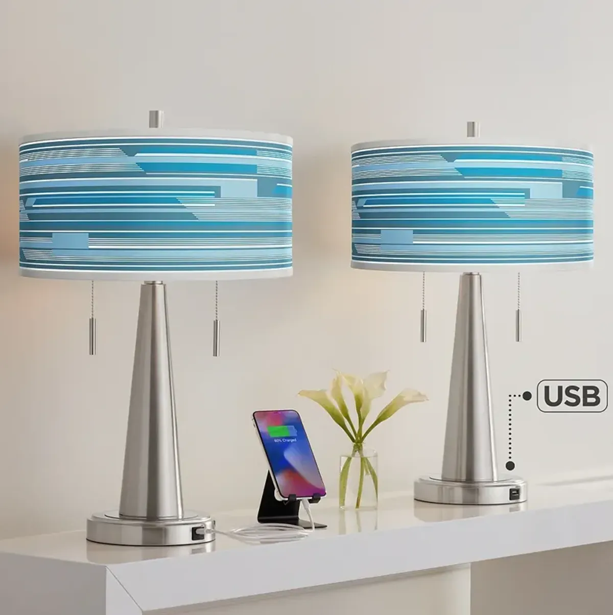 Urban Stripes Vicki Brushed Nickel USB Table Lamps Set of 2