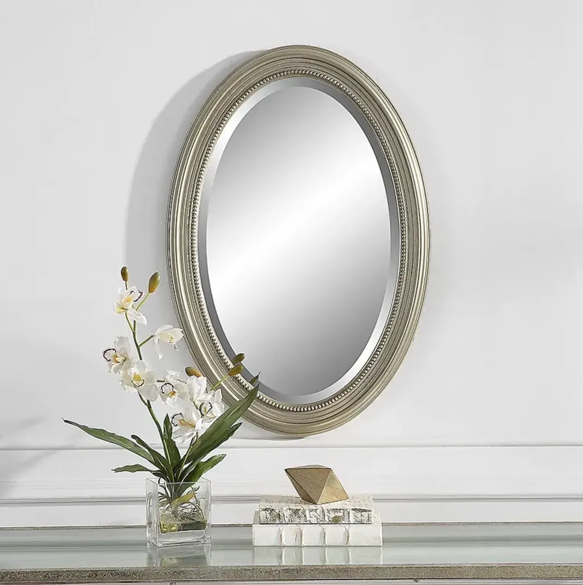 Noble Park Byrd Metallic Silver Beaded 21" x 31" Wall Mirror