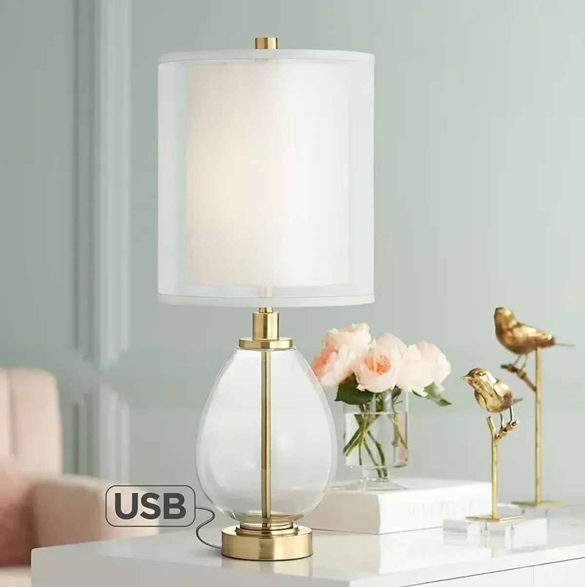 Sophie Glass and Brass Double Shade Table Lamp with USB Port