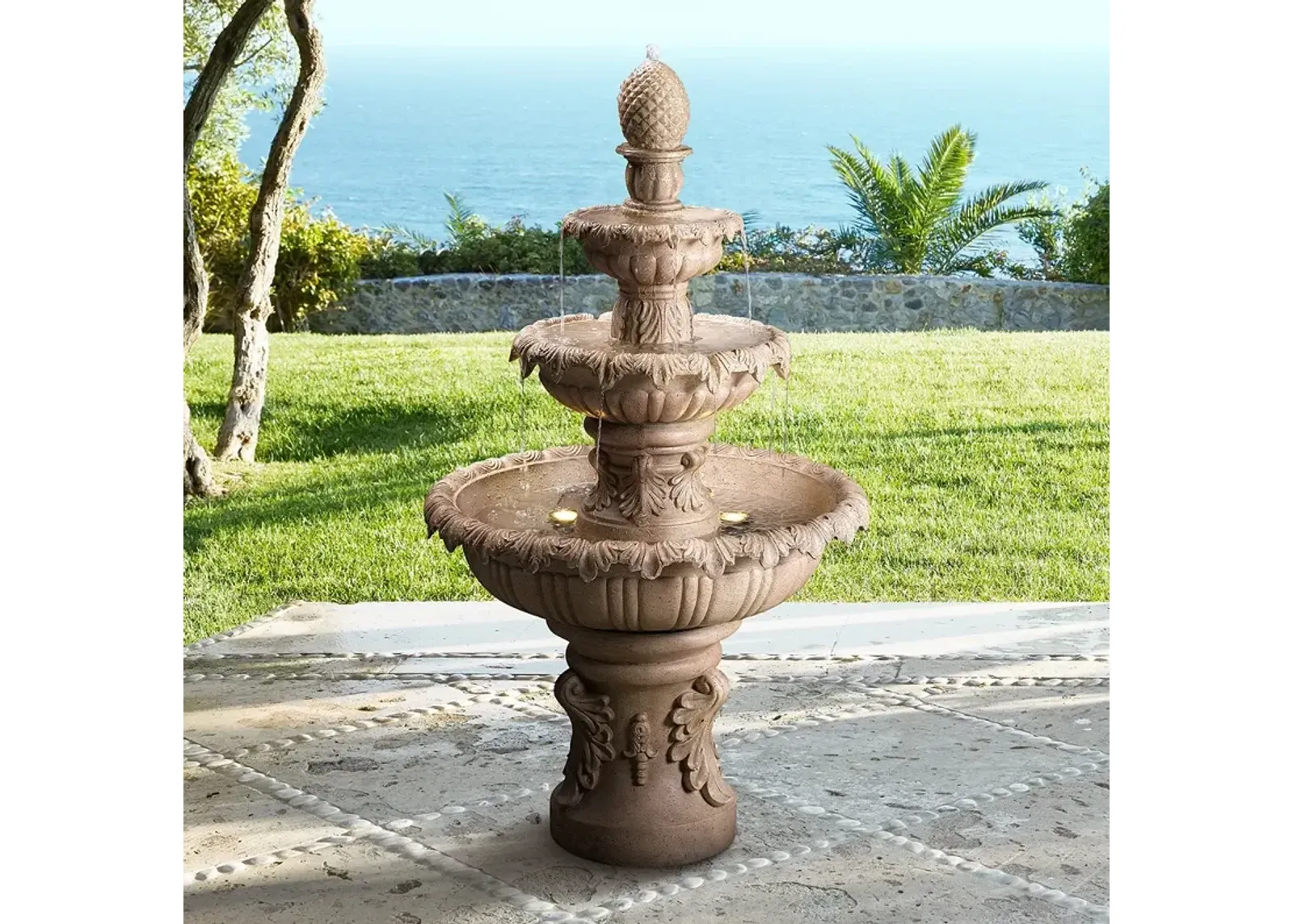 Ibiza 46" High 3-Tiered Sandstone Garden Fountain with Light