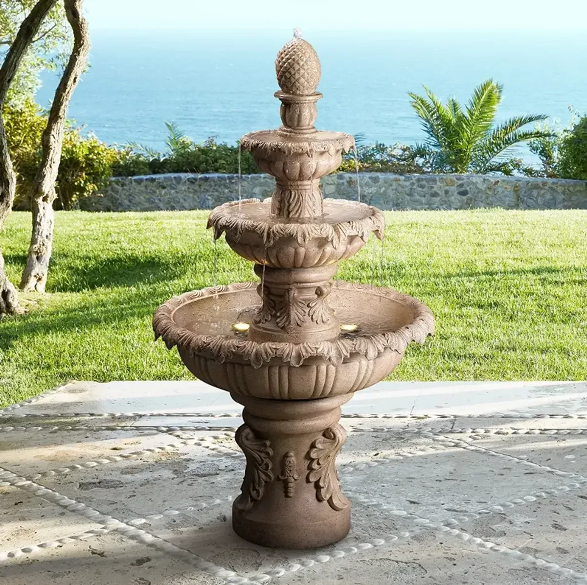 Ibiza 46" High 3-Tiered Sandstone Garden Fountain with Light