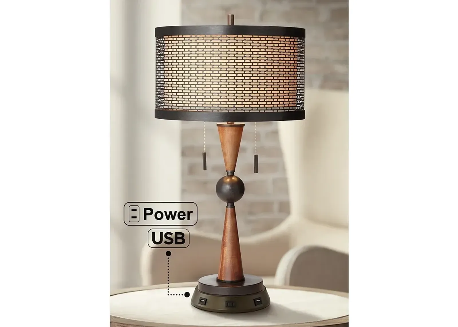 Franklin Iron Works Bronze and Cherry Table Lamp with USB Workstation Base