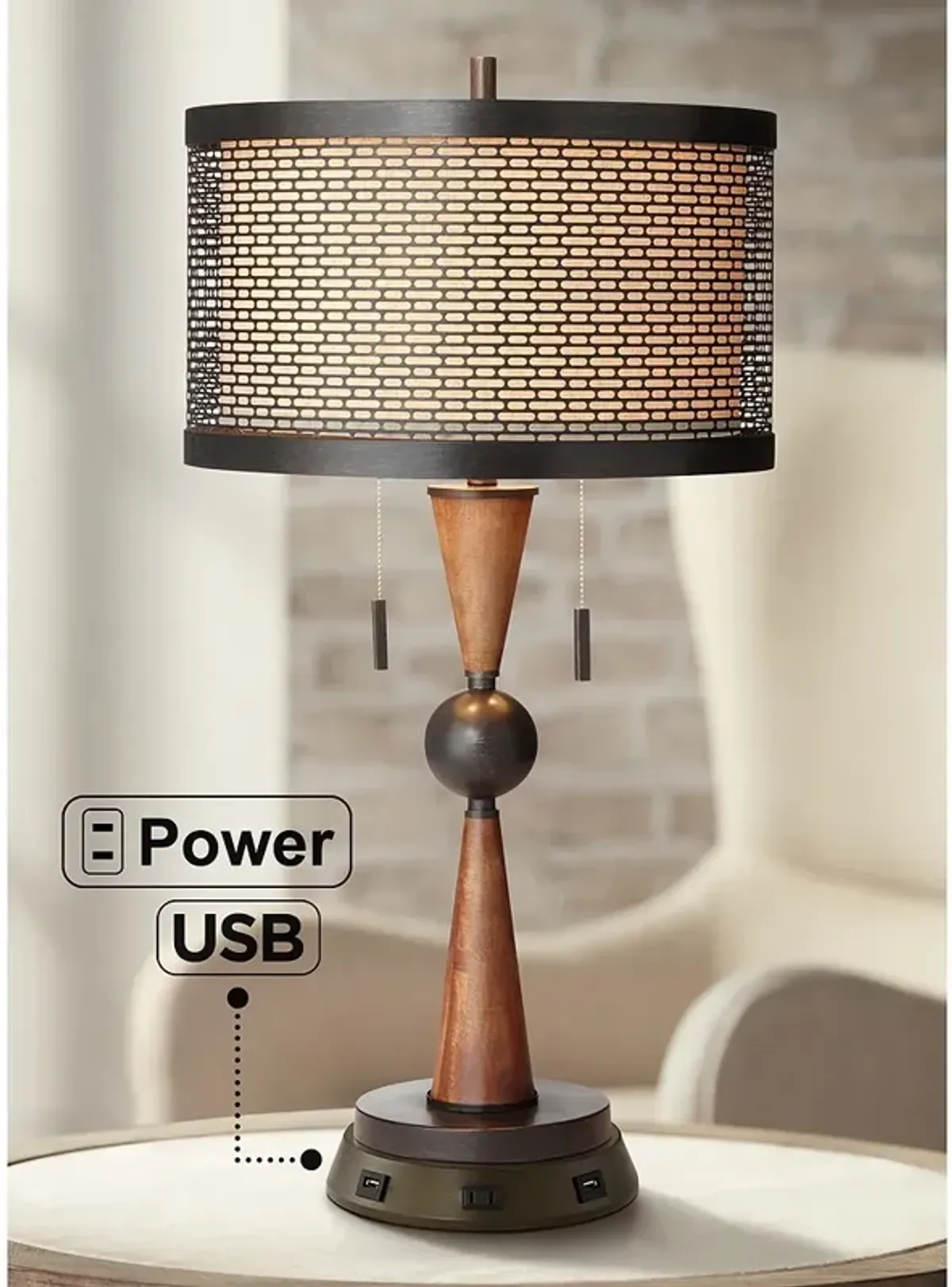 Franklin Iron Works Bronze and Cherry Table Lamp with USB Workstation Base