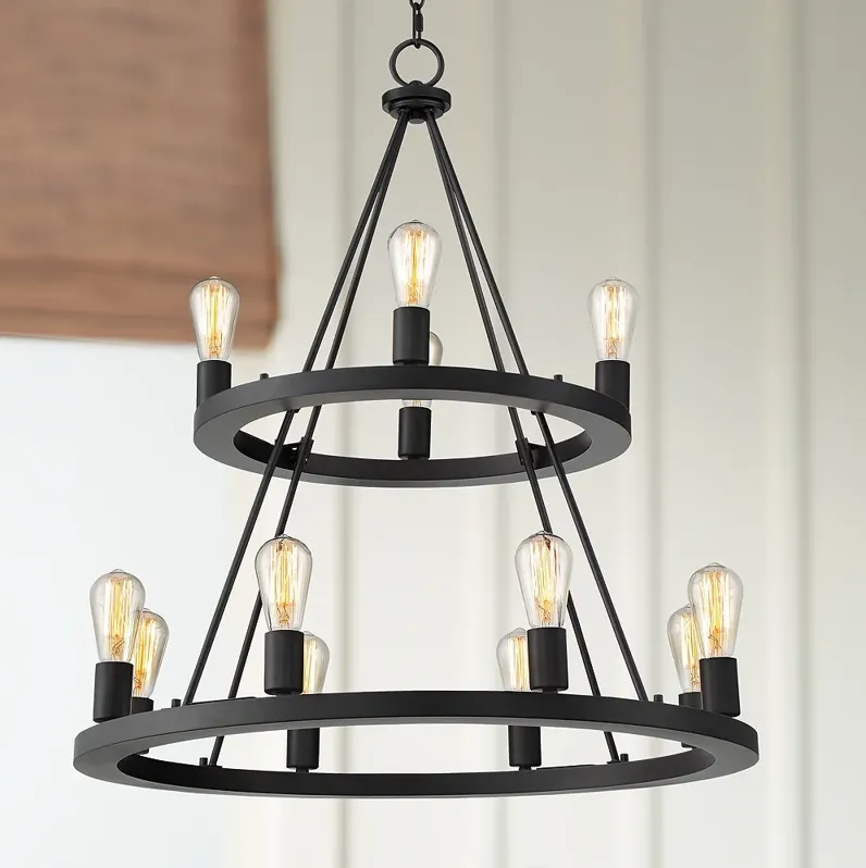 Franklin Iron Lacey 29 1/4" Black 2-Tier 12-Light LED Ring Chandelier