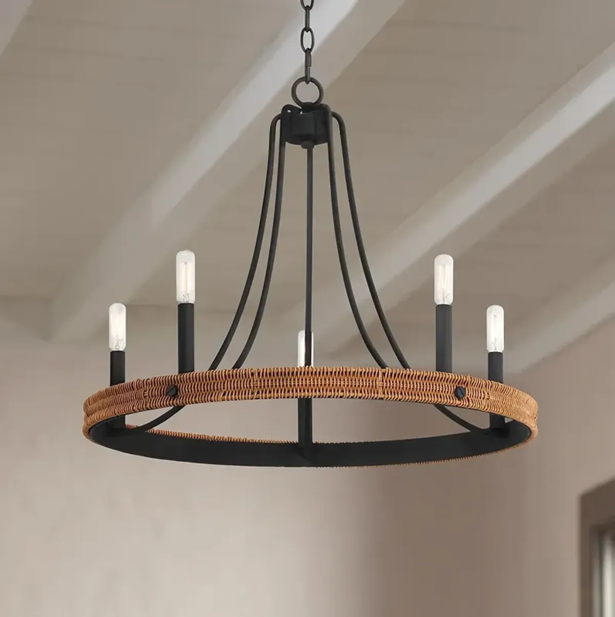 Franklin Iron Works Navarro 24 1/2" Black Wood 6-Light Ring Chandelier