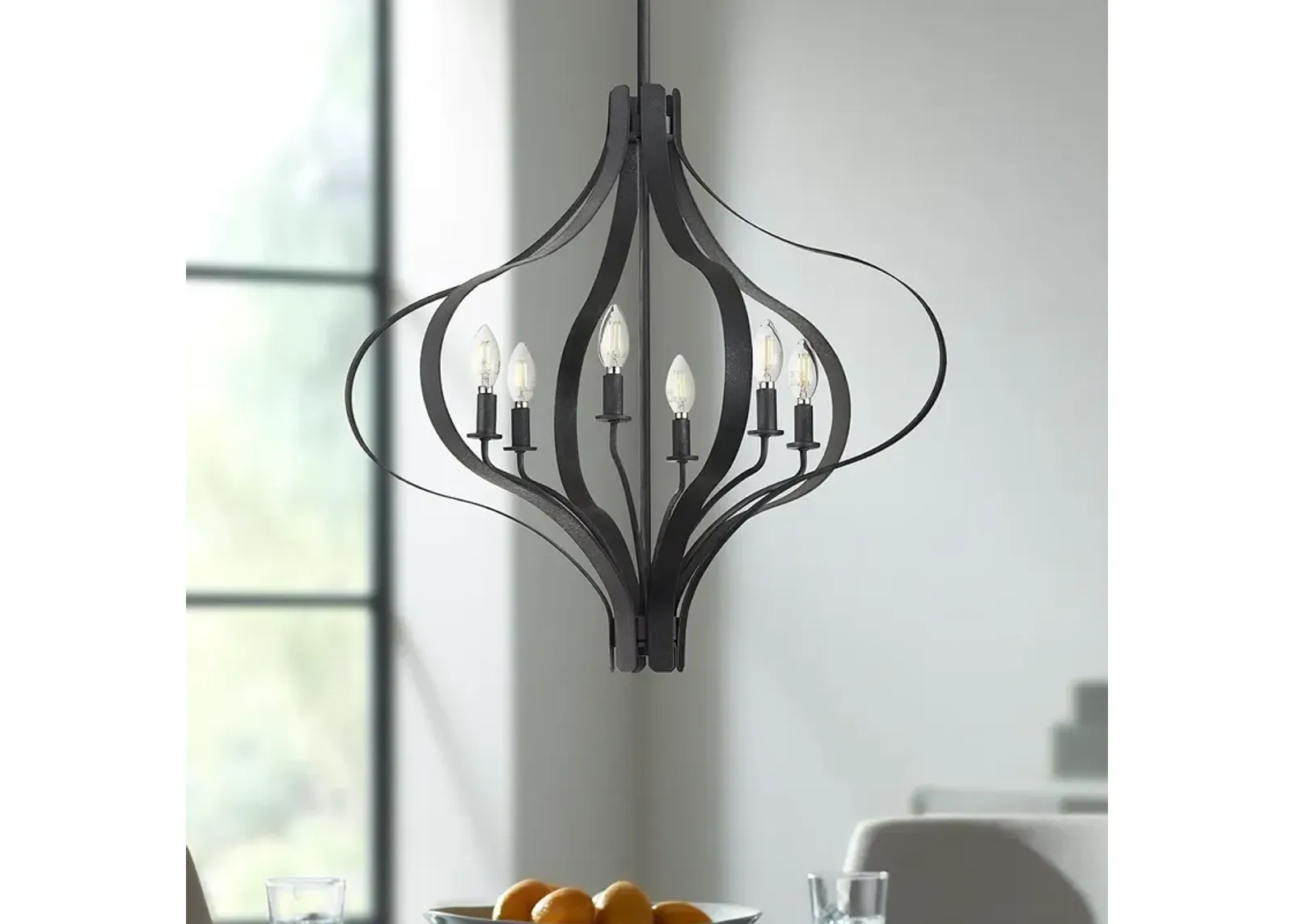 Franklin Iron Works Fleur 27" Textured Black 6-Light Pendant Light