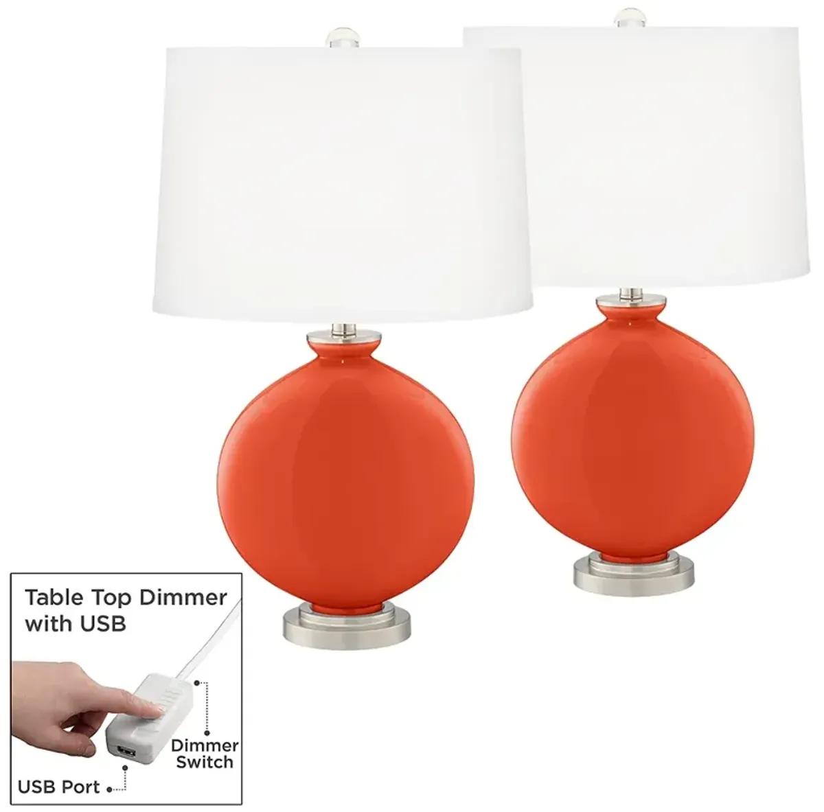 Color Plus Carrie 26 1/2" Daredevil Orange Lamps Set with USB Dimmers