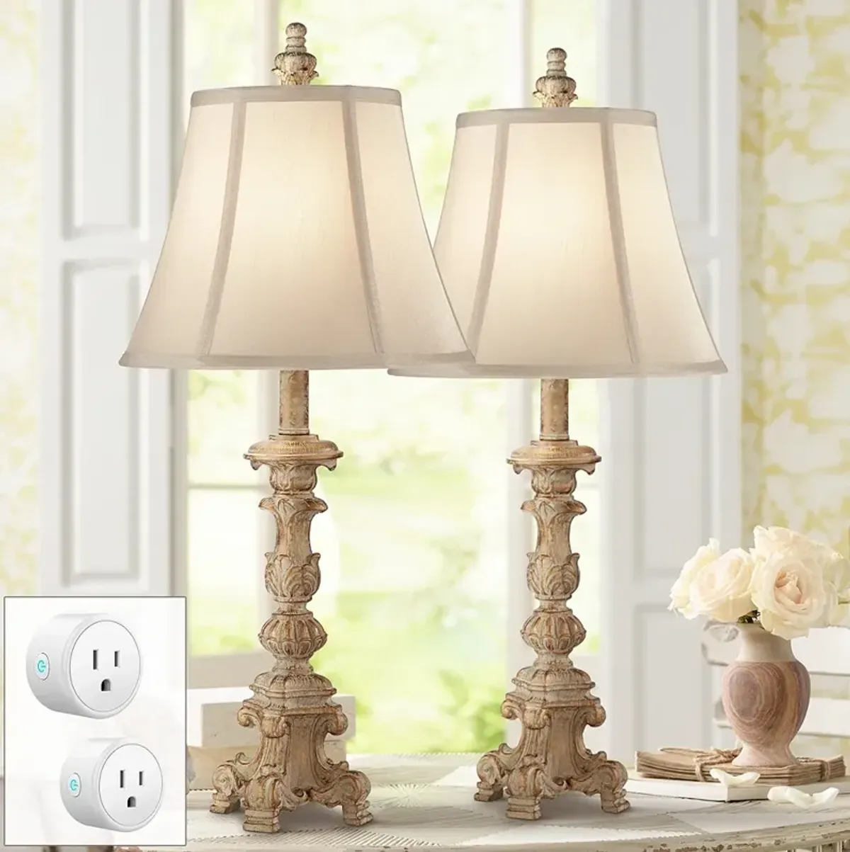 Elize White-Washed Table Lamps Set of 2 with Smart Sockets