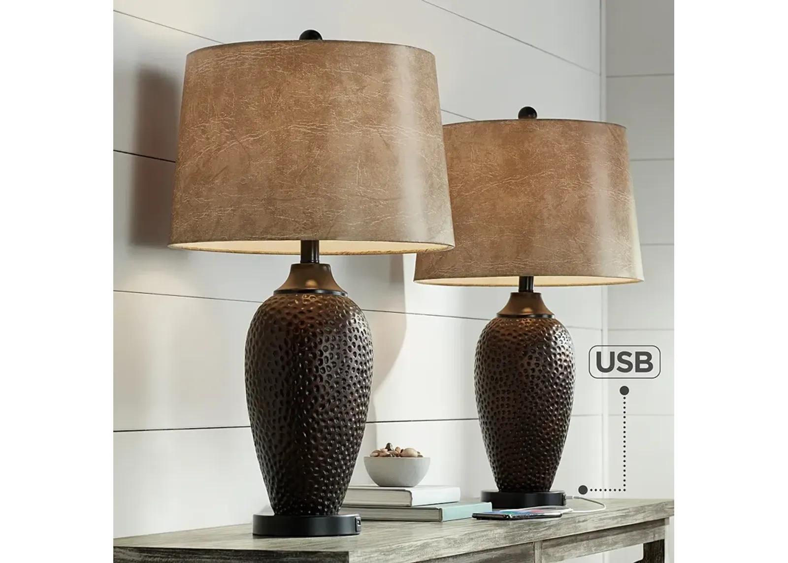 Franklin Iron Works Kaly 25" Hammered Bronze USB Table Lamps Set of 2