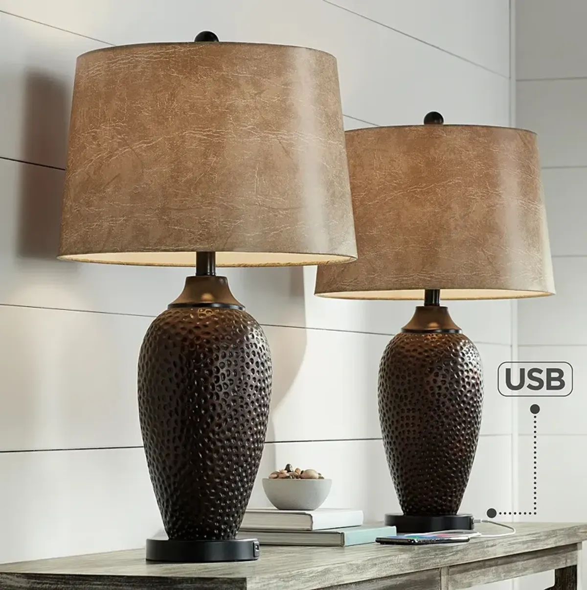 Franklin Iron Works Kaly 25" Hammered Bronze USB Table Lamps Set of 2