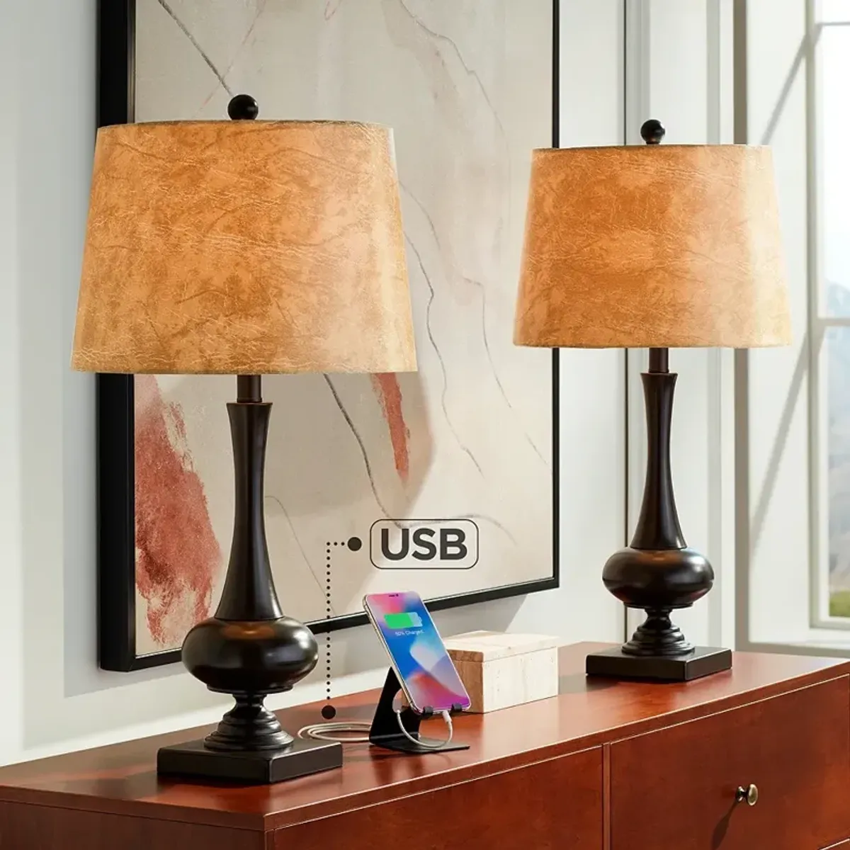 Franklin Iron Works Ross 27" Bronze Finish USB Table Lamps Set of 2