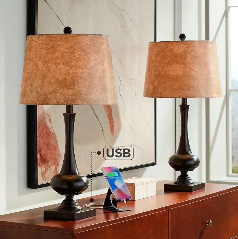 Franklin Iron Works Ross 27" Bronze Finish USB Table Lamps Set of 2