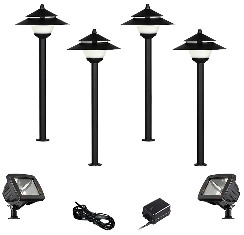 Pagoda Textured Black 8-Piece LED Path and Flood Light Set