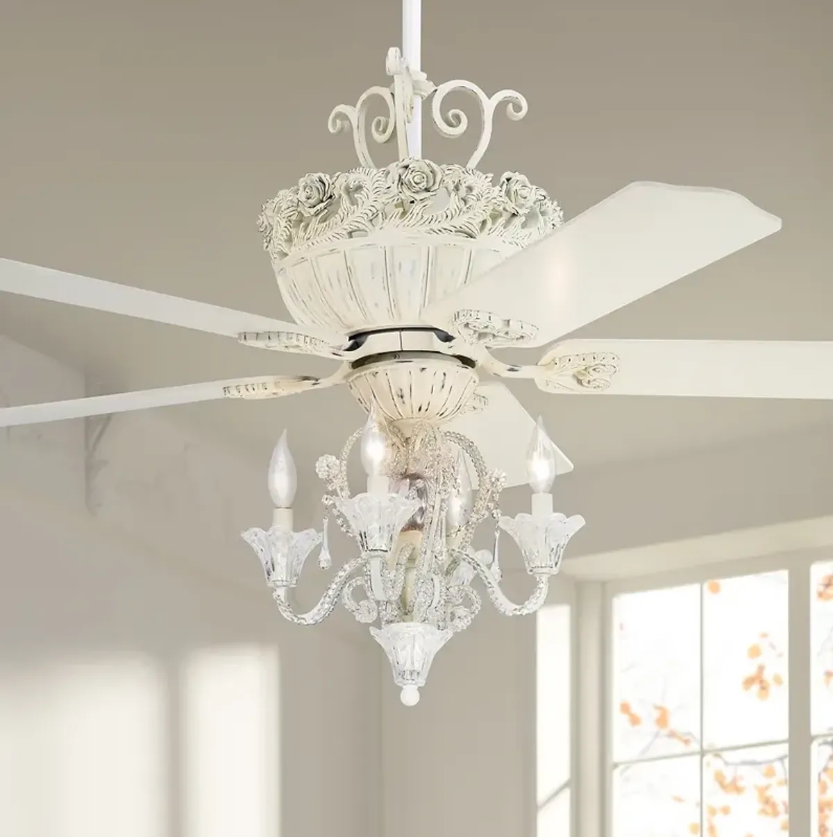 52" Casa Chic Rubbed White Finish Pull Chain Fandelier Ceiling Fan