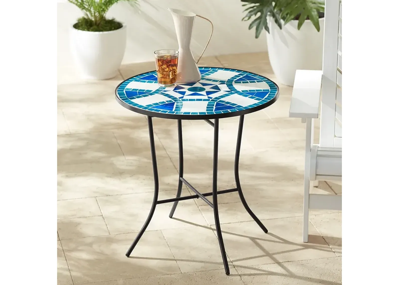 Star Mosaic Blue and White Iron Outdoor Accent Table