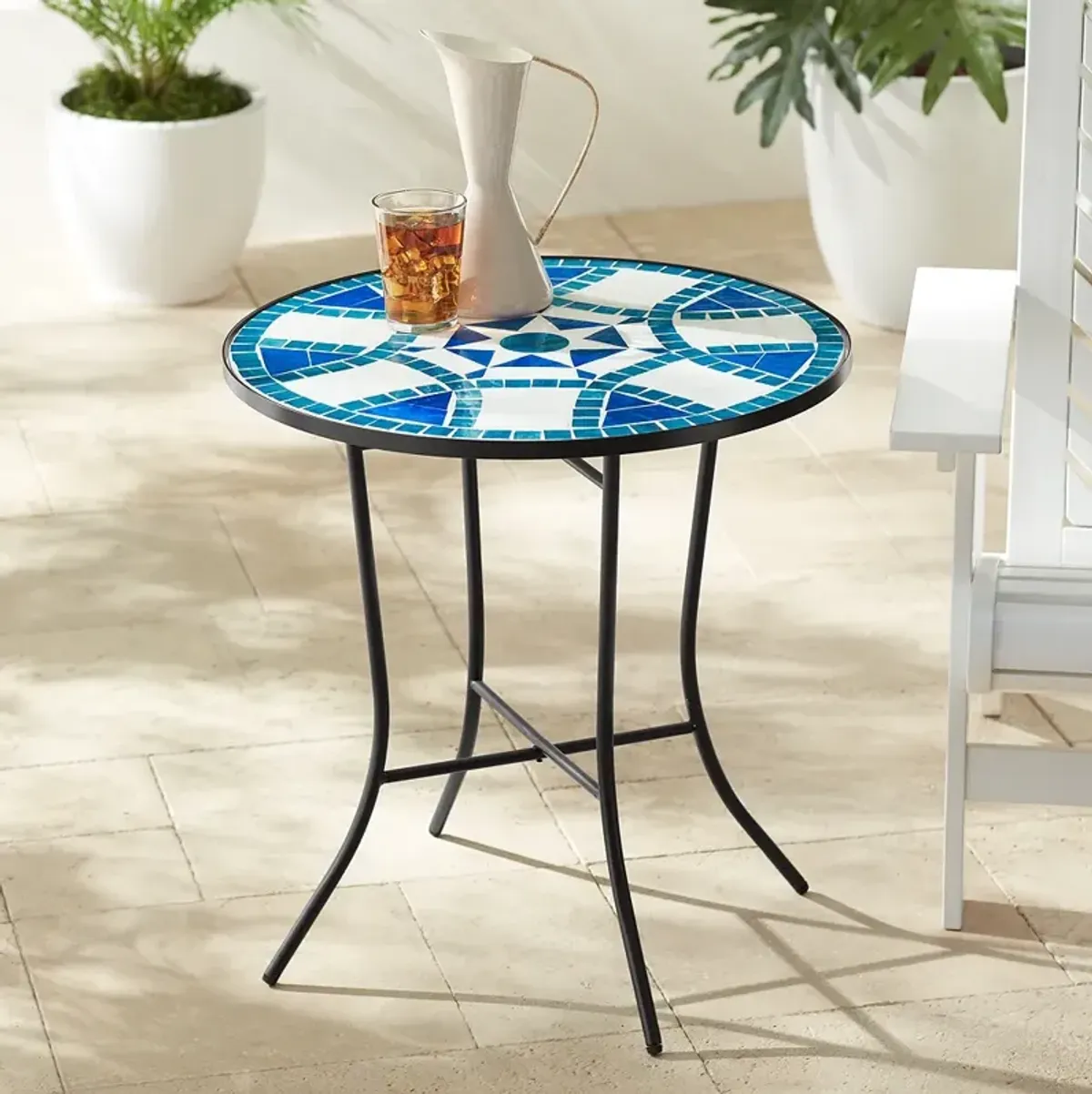 Star Mosaic Blue and White Iron Outdoor Accent Table