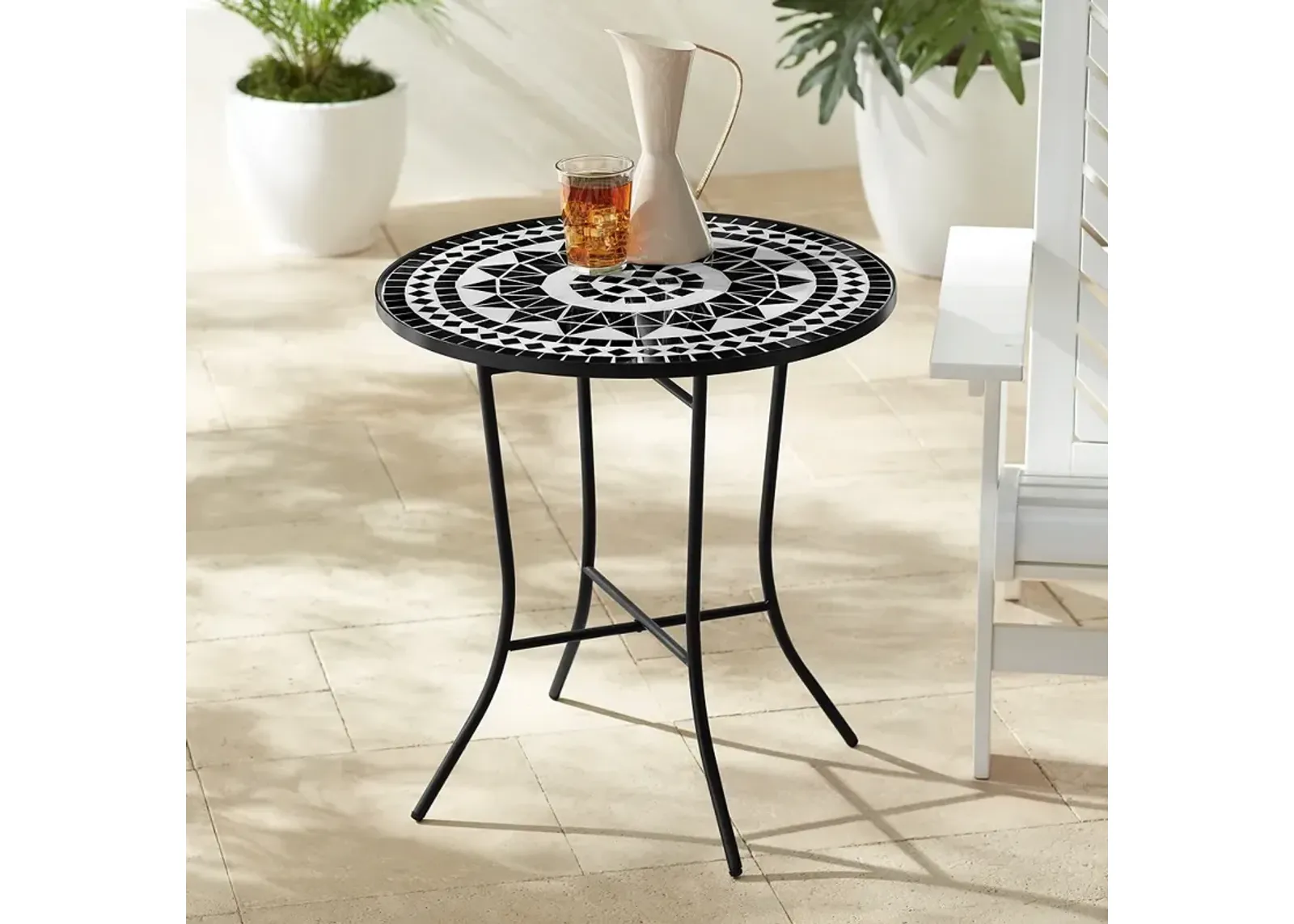 Sun Mosaic Black and White Iron Outdoor Accent Table