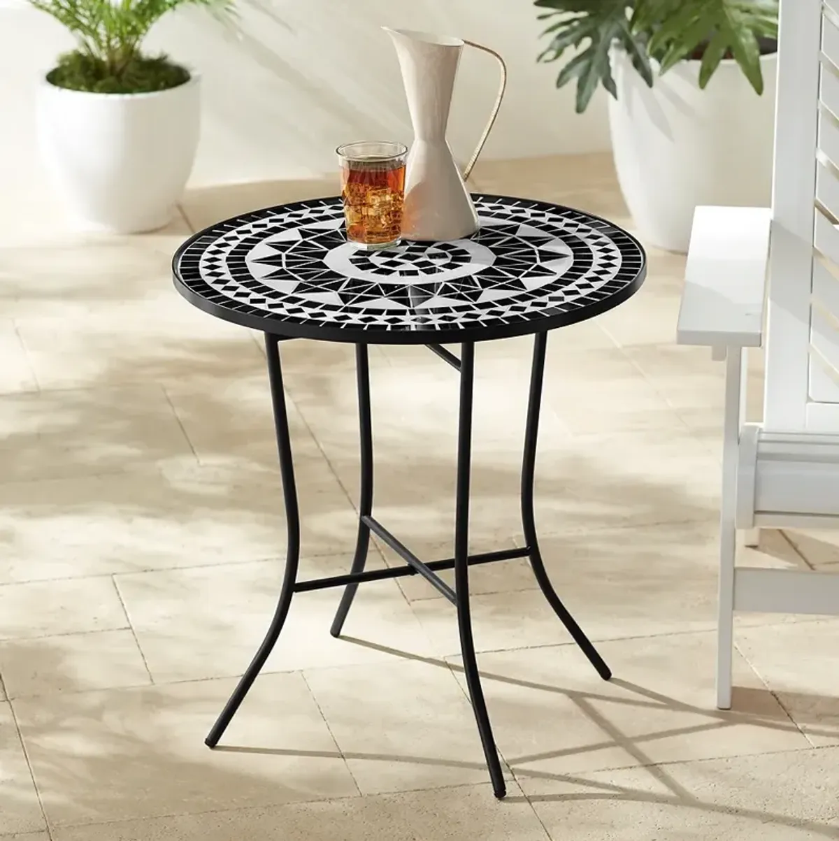 Sun Mosaic Black and White Iron Outdoor Accent Table