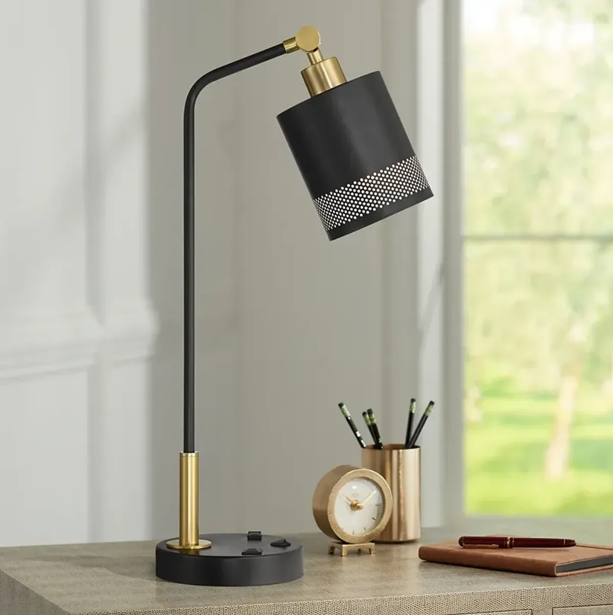 Possini Euro Keller 24" High Black and Brass Outlet and USB Desk Lamp
