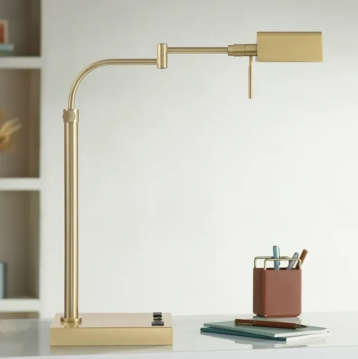 Possini Euro Keegan Adjustable Brass Finish USB and Outlet Desk Lamp