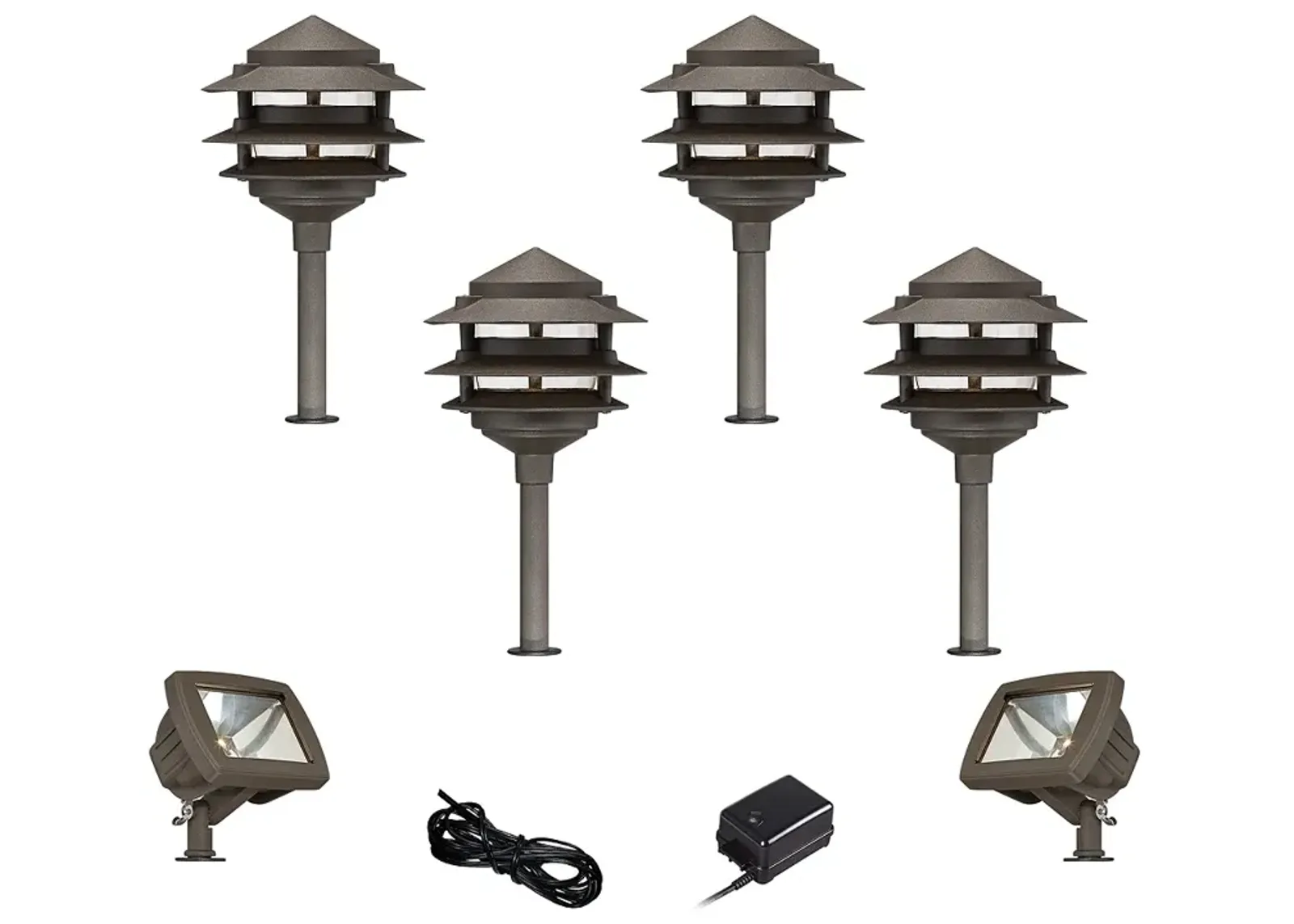 Pagoda Bronze 8-Piece LED Landscape Path and Flood Light Set